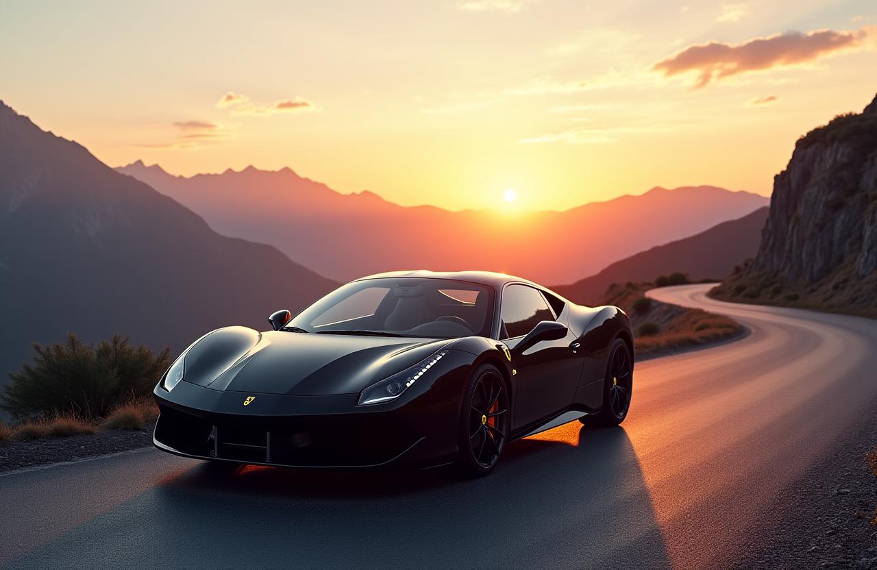 Schwarzer Luxus-Sportwagen auf einer panoramischen Alpenstraße bei Sonnenuntergang